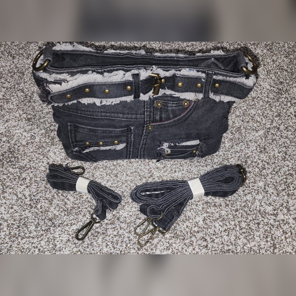 Black Denim Shoulder Bag 2 Straps New - Picture 7 of 10